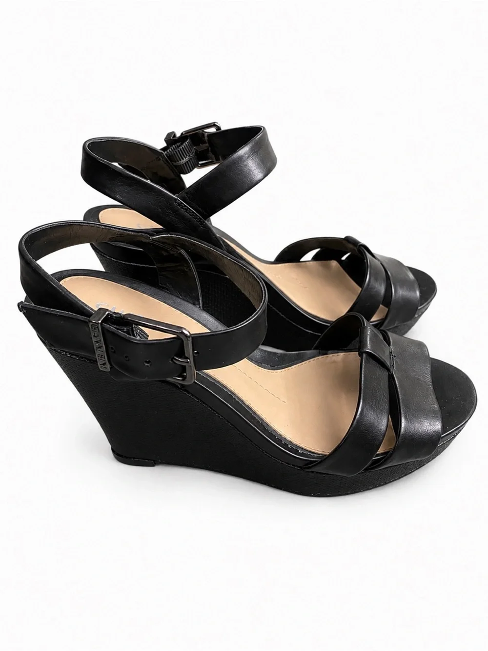 Gianni Bini Black Leather Wedge Sandals with Ankle Strap
